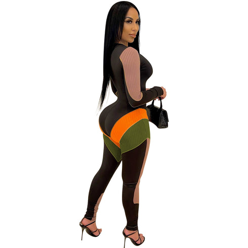 Women's Patchwork Multi-colored Romper Long Sleeve Jumpsuit