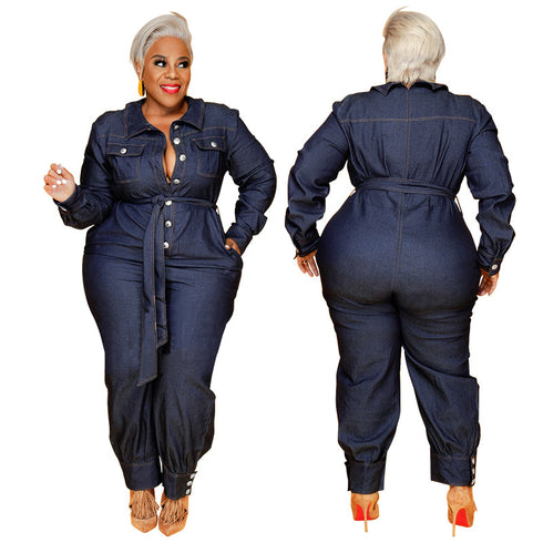 Women's Plus Size Denim Long Sleeve Stylish Jumpsuits