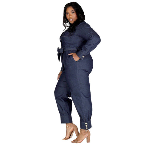 Women's Plus Size Denim Long Sleeve Stylish Jumpsuits