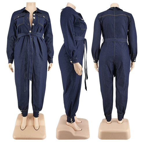 Women's Plus Size Denim Long Sleeve Stylish Jumpsuits