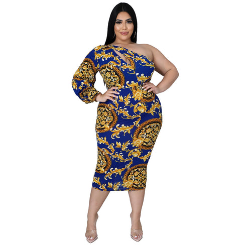 Women's Plus Size Hollowed-out Printed Fishtail Dress