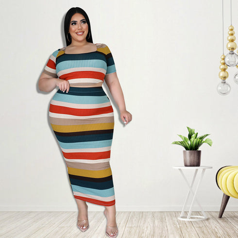 Women's Plus Size Knit T-shirt Skirt Two Piece Outfits