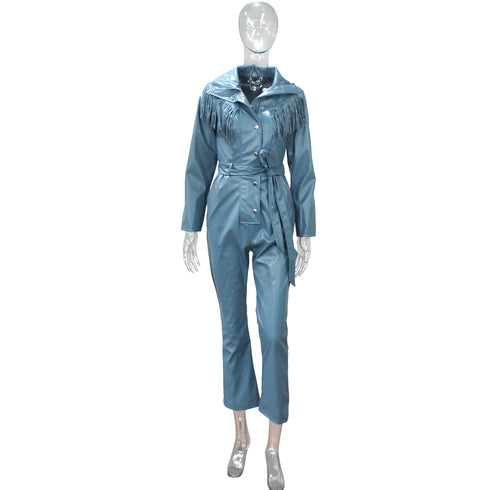 Women's Plus Size Lapel Imitation Leather Jumpsuits