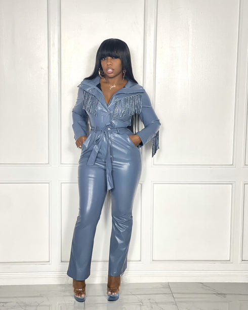 Women's Plus Size Lapel Imitation Leather Jumpsuits