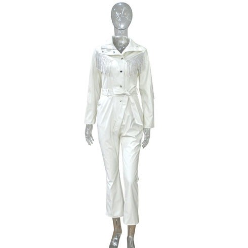 Women's Plus Size Lapel Imitation Leather Jumpsuits