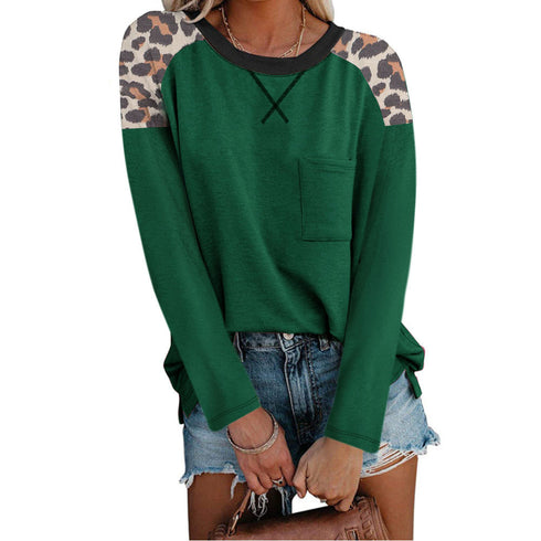 Women's Plus Size Leopard Patchwork Pocket T-shirt