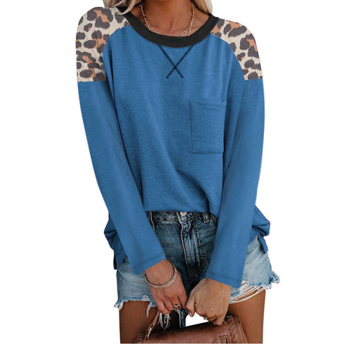 Women's Plus Size Leopard Patchwork Pocket T-shirt