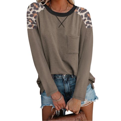 Women's Plus Size Leopard Patchwork Pocket T-shirt