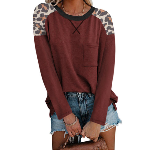 Women's Plus Size Leopard Patchwork Pocket T-shirt