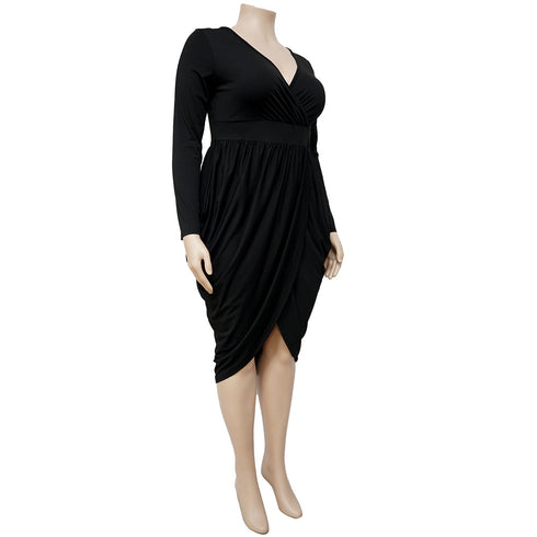 Women's Plus Size Long Sleeve V Neck Loose Black Dresses
