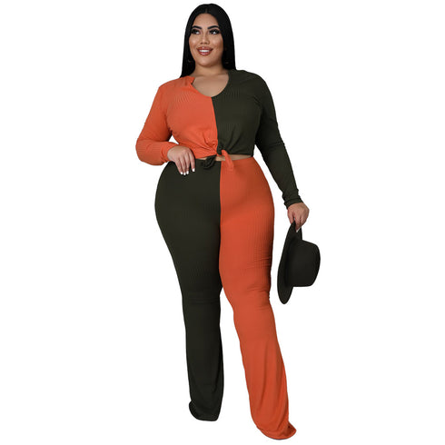 Women's Plus Size Patchwork Long Sleeve Pants Two Piece Outfits