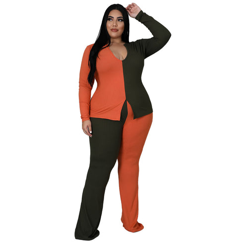 Women's Plus Size Patchwork Long Sleeve Pants Two Piece Outfits