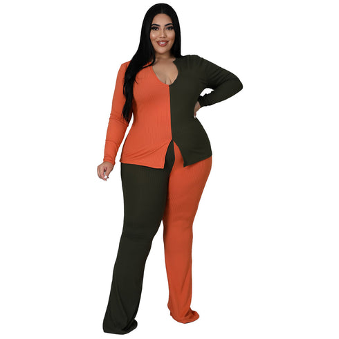 Women's Plus Size Patchwork Long Sleeve Pants Two Piece Outfits