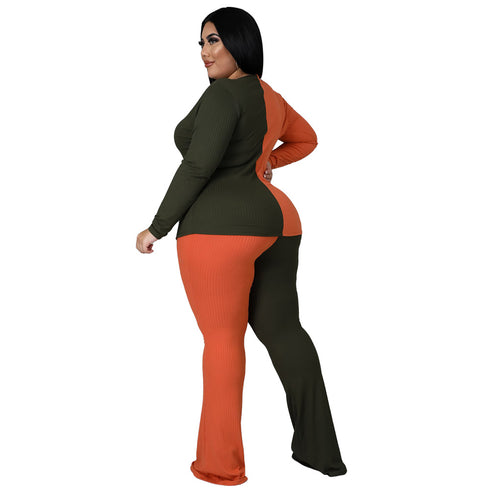 Women's Plus Size Patchwork Long Sleeve Pants Two Piece Outfits