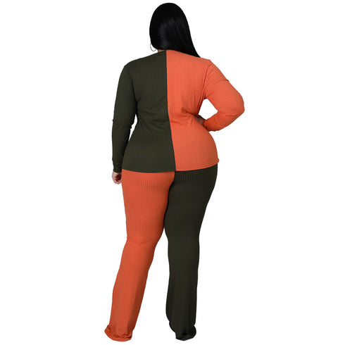 Women's Plus Size Patchwork Long Sleeve Pants Two Piece Outfits