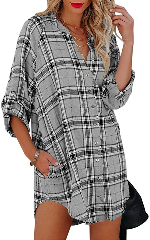 Women's Plus Size Plaid Printed Shirts Button Coats