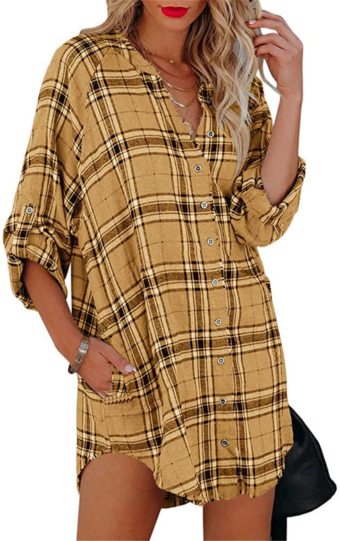 Women's Plus Size Plaid Printed Shirts Button Coats