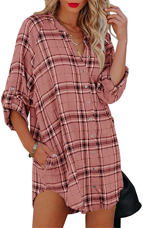 Women's Plus Size Plaid Printed Shirts Button Coats
