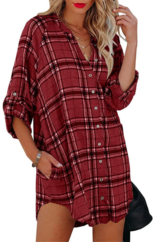Women's Plus Size Plaid Printed Shirts Button Coats