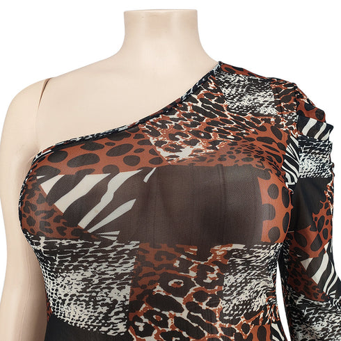 Women's Plus Size Print Diagonal Shoulder Bodycon Dress