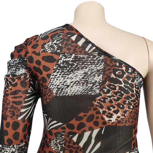 Women's Plus Size Print Diagonal Shoulder Bodycon Dress