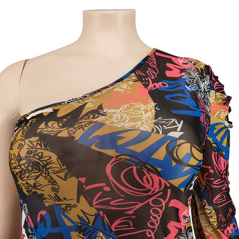 Women's Plus Size Print Diagonal Shoulder Bodycon Dress