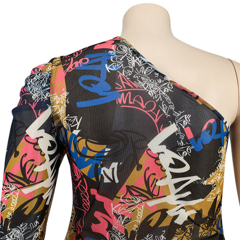 Women's Plus Size Print Diagonal Shoulder Bodycon Dress
