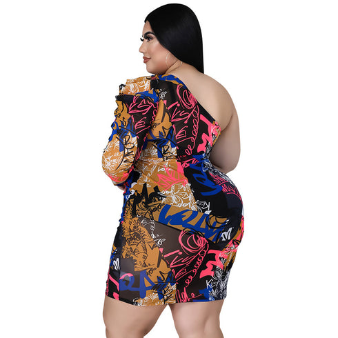Women's Plus Size Print Diagonal Shoulder Bodycon Dress