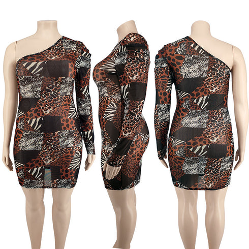 Women's Plus Size Print Diagonal Shoulder Bodycon Dress