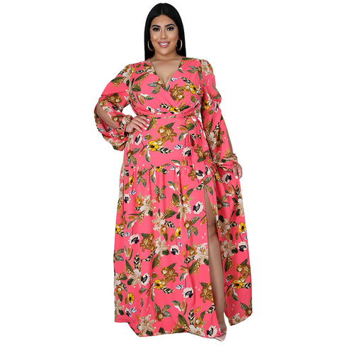 Women's Plus Size Print V Neck Maxi Dresses