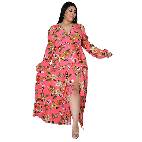Women's Plus Size Print V Neck Maxi Dresses
