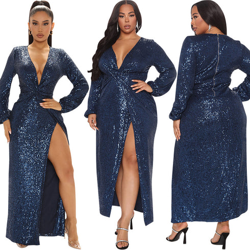 Women's Plus Size Sexy V Neck Glitter Maxi Long Dresses