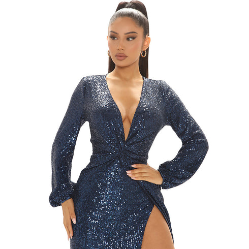 Women's Plus Size Sexy V Neck Glitter Maxi Long Dresses