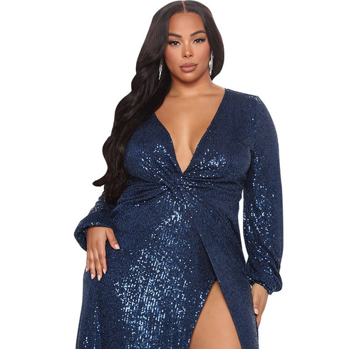 Women's Plus Size Sexy V Neck Glitter Maxi Long Dresses
