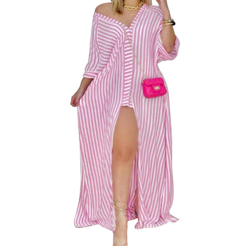 Women's Plus Size Stripes Print Style Slit Loose Dresses