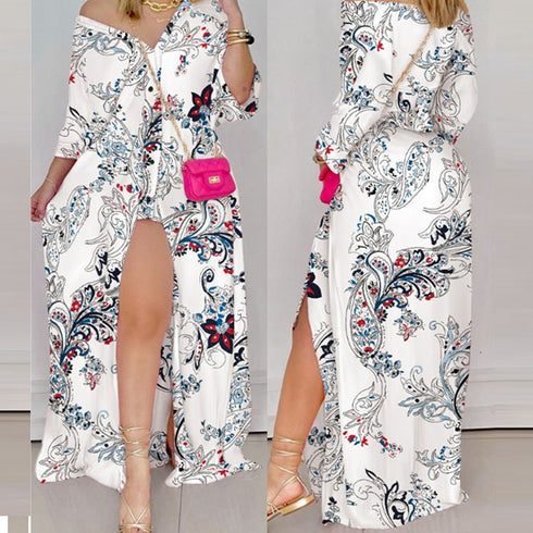 Women's Plus Size Stripes Print Style Slit Loose Dresses