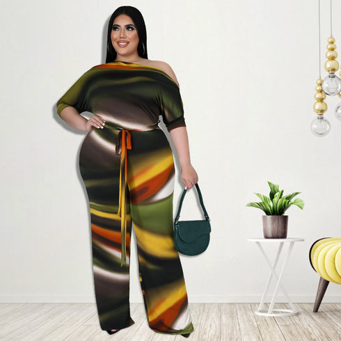 Women's Print Off Shoulder Plus Size Wide Leg Jumpsuits