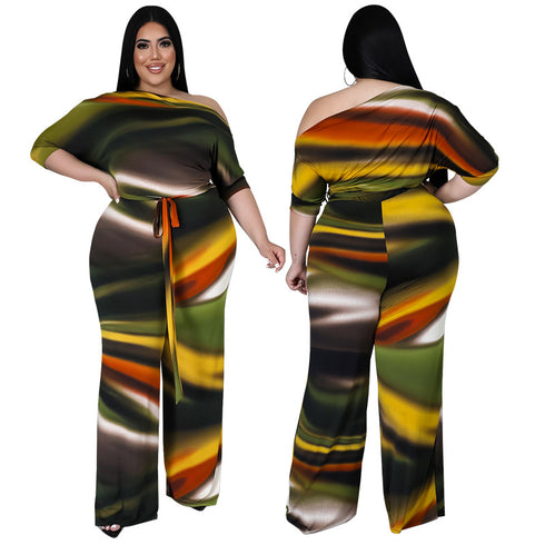 Women's Print Off Shoulder Plus Size Wide Leg Jumpsuits