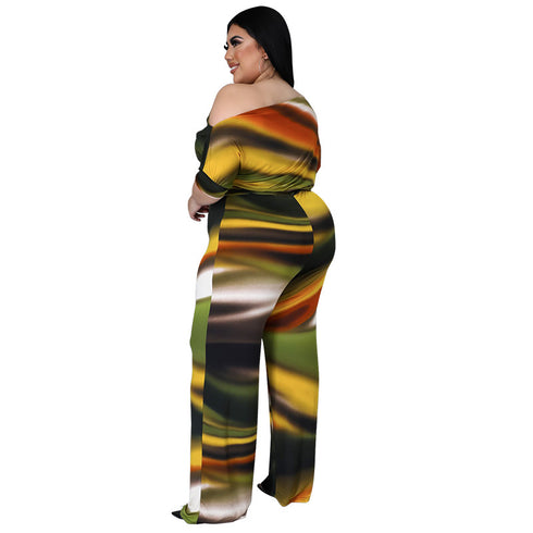 Women's Print Off Shoulder Plus Size Wide Leg Jumpsuits