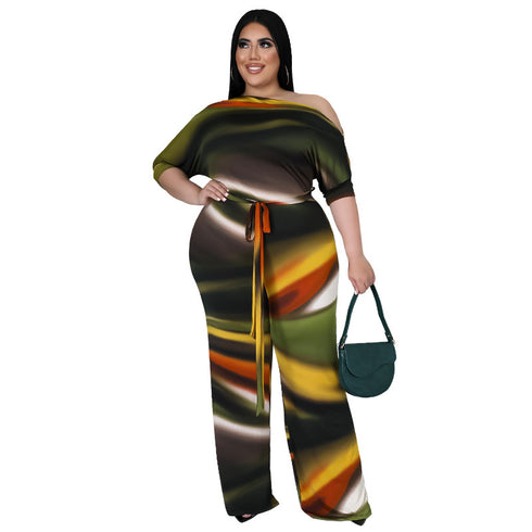 Women's Print Off Shoulder Plus Size Wide Leg Jumpsuits