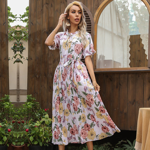 Women's Print Pleated Dresses with Flounces Long Dress
