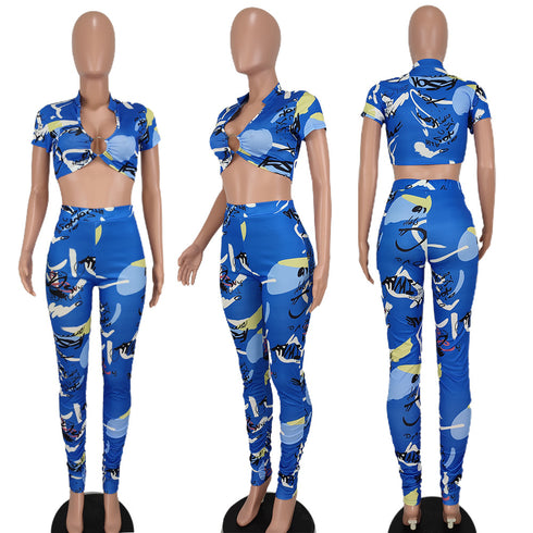 Women's Print V Neck Tops Long Pants Two Piece Outfits