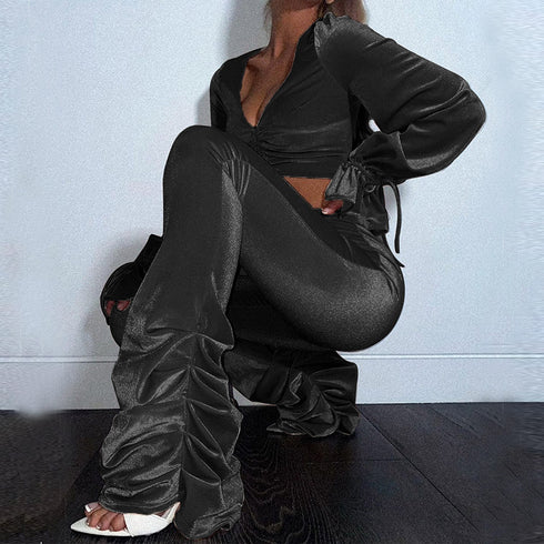 Women's Revealing Pleated Bell Bottoms Two Piece Outfits