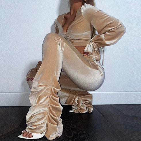 Women's Revealing Pleated Bell Bottoms Two Piece Outfits