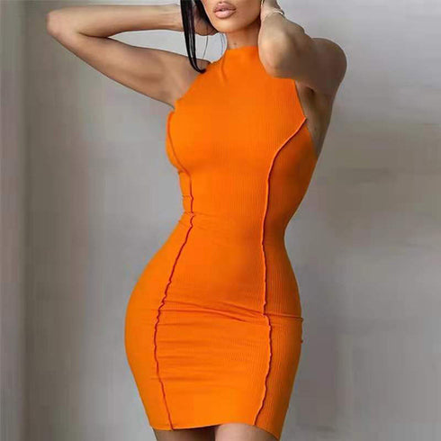 Women's Round Neck Sleeveless Solid Color Hip Wrap Dress