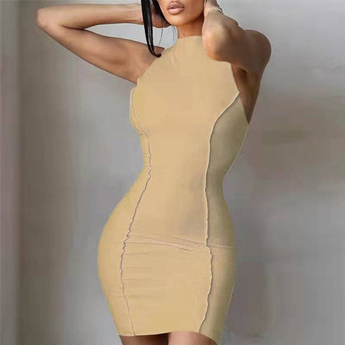 Women's Round Neck Sleeveless Solid Color Hip Wrap Dress