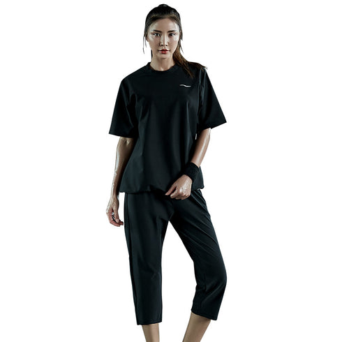Women's Running Round Neck T-shirt Capri Sauna Suits