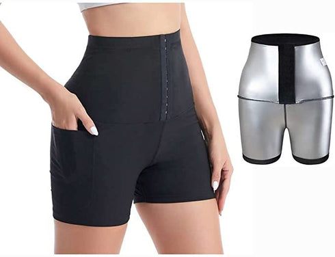 Women's Sauna Thigh Lift High Waist Shorts Shapewear with Pocket