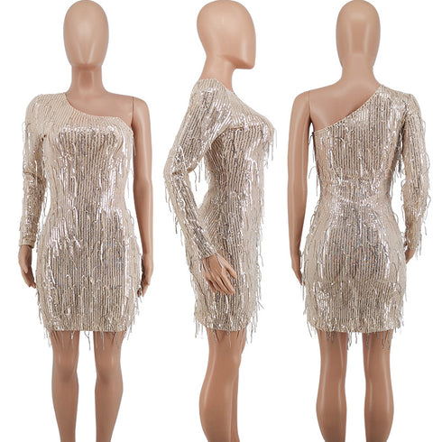 Women's Sexy Beaded Piece Diagonal Shoulder Cocktail Dresses