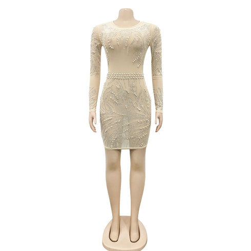 Women's Sexy Fluoroscopy Gauze Long Sleeve Cocktail Dress
